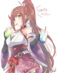  1girl breasts chest_jewel cleavage core_crystal_(xenoblade) criss-cross_halter cup drinking drinking_straw glimmer_(xenoblade) hairband halterneck high_ponytail holding holding_cup japanese_clothes kimono large_breasts red_eyes red_hair solo swept_bangs thigh_pouch two-tone_hairband usakumapo_nano v-shaped_eyebrows white_kimono xenoblade_chronicles_(series) xenoblade_chronicles_3 xenoblade_chronicles_3:_future_redeemed 