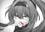  1girl blood crazy_smile greyscale hair_between_eyes hairband highres long_hair monochrome nosebleed ponytail punishing:_gray_raven red_pupils senescence sidelocks smile spot_color twitter_username vera:_garnet_(punishing:_gray_raven) vera_(punishing:_gray_raven) 