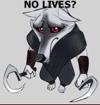  anthro armband armwear barefoot black_nose black_pupils black_sclera bottomwear canid canine canis chibi cloak clothing death_(puss_in_boots) dreamworks dual_holding dual_wielding ears_down english_text facial_markings feet fluffy frown fur grey_background grey_body grey_fur head_markings holding_object holding_weapon humor male mammal markings mask_(marking) meme pants parody pivoted_ears poncho pupils puss_in_boots_(film) puss_in_boots_the_last_wish red_eyes redraw sad sickle simple_background solo text unknown_artist weapon white_body white_fur white_pupils wolf 