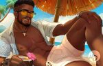  1boy abs ass_visible_through_thighs baptiste_(overwatch) bara beach beard blue_sky bulge coconut dark-skinned_male dark_skin facial_hair feet_out_of_frame holding jewelry large_pectorals looking_at_viewer lying male_focus mature_male momo-deary muscular muscular_male navel navel_hair necklace nipples ocean on_side open_clothes open_shirt overwatch overwatch_2 pectorals sand short_hair shorts sky smile solo sunglasses thick_lips tooth_necklace white_shorts 