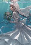  1girl absurdres air_bubble blush bouquet bridal_veil bride bubble dress floating_hair flower from_side gloves grey_hair hanetsuka highres holding holding_bouquet idolmaster idolmaster_shiny_colors light_rays looking_ahead purple_eyes rose solo underwater veil wedding_dress white_dress white_flower white_gloves white_rose yukoku_kiriko 