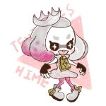  1girl black_gloves buck_teeth character_name cross-shaped_pupils dress fingerless_gloves gloves mole mole_under_mouth pantyhose pearl_(splatoon) pink_pantyhose sharp_teeth solo splatoon_(series) splatoon_2 swallow02 symbol-shaped_pupils teeth thick_eyebrows triangle white_background white_dress white_footwear zipper_pull_tab 