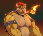  2023 abs anthro armband barazoku biceps big_muscles big_pecs bowser bowser_day breath_powers collar deltoids elemental_manipulation eyebrows fire fire_breathing fire_manipulation gradient_background hair half-length_portrait hi_res horn huge_muscles kenjiii koopa looking_at_viewer male manly mario_bros midriff muscular muscular_anthro muscular_male nintendo nipple_piercing nipples non-mammal_nipples nude pecs piercing portrait scalie shell simple_background solo spiked_armband spiked_collar spiked_shell spikes spikes_(anatomy) teeth 