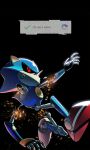  1boy absurdres animal_ears arm_up armor arrow_(symbol) black_background black_sclera blue_armor colored_sclera english_text fake_animal_ears fake_claws hand_up hedgehog_ears highres hyeon_sonic looking_up male_focus metal_sonic pointy_nose red_eyes red_footwear robot shoes simple_background sneakers solo sonic_(series) sparks 