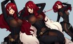  1girl arms_up belt belt_buckle black_belt black_bodysuit black_gloves bodysuit breasts buckle commentary covered_navel eightyfourart english_commentary gloves grin hair_over_one_eye highres holding holding_sword holding_weapon kirijou_mitsuru large_breasts lips lipstick long_hair looking_at_viewer makeup official_alternate_costume one_eye_covered persona persona_3 persona_4 persona_4:_the_ultimate_in_mayonaka_arena red_eyes red_hair red_lips signature simple_background smile sword weapon 