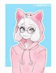  2023 aamakuruu anthro bovid caprine clothing darkner deltarune eyebrow_through_hair eyebrows eyelashes eyewear fake_ears fur glasses goat hair hoodie male mammal pink_clothing pink_eyes pink_hoodie pink_topwear ralsei simple_background smile solo topwear translucent translucent_hair undertale_(series) white_body white_fur white_hair 