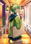  1girl animal_ear_fluff animal_ears atalanta_(fate) bag black_choker blonde_hair blue_skirt blurry blurry_background choker closed_mouth commentary commission cowboy_shot fate/apocrypha fate_(series) food from_behind gradient_hair green_eyes green_hair green_jacket grocery_bag handbag highres holding holding_food hood hooded_jacket indoors jacket kaze_minoru_so-ru lion_ears lion_girl lion_tail long_hair long_sleeves looking_at_viewer looking_back miniskirt multicolored_hair pleated_skirt shopping_bag skirt smile solo tail twintails two-tone_hair 