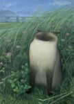  acrylic_paint_(medium) animal animal_focus black_cat blue_sky cat closed_eyes clover ears_back fence flower grass highres karin_hosono original outdoors overcast painting_(medium) pink_flower reeds siamese_cat sky solo standing stream traditional_media white_cat wide_face wind 
