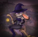  anthro boots breasts broom broom_riding cleaning_tool clothing dipstick_ears disney female footwear fur grey_body grey_fur hat headgear headwear judy_hopps lagomorph leporid looking_at_viewer mammal multicolored_ears pink_nose purple_eyes rabbit solo the_gory_saint witch_hat zootopia 