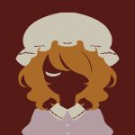  blonde_hair brown_background buttons closed_eyes dress frilled_hat frills hair_over_one_eye hat limited_palette maribel_hearn maskin_mei medium_hair minimalism one_eye_closed one_eye_covered puffy_sleeves purple_dress simple_background touhou white_headwear 