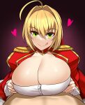  1boy 1girl :d absurdres ahoge altronage blonde_hair breasts cleavage dress fate/extra fate_(series) green_eyes hair_bun hair_intakes highres implied_paizuri large_breasts nero_claudius_(fate) nero_claudius_(fate/extra) red_dress single_hair_bun smile 