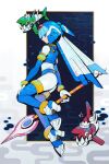  1girl android armor blue_armor blue_eyes blue_sleeves bodysuit from_side hand_on_own_knee helmet high_heels highres holding holding_polearm holding_weapon leviathan_(mega_man) looking_at_viewer mega_man_(series) mega_man_zero_(series) polearm robot robot_girl touhou3939 weapon 