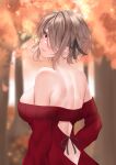  1girl absurdres autumn_leaves back back_cutout bare_shoulders black_ribbon blurry blurry_background braid breasts brown_hair clothing_cutout from_behind hair_over_one_eye hair_ribbon highres honkai_(series) honkai_impact_3rd looking_back match_(scp115) median_furrow mole mole_under_eye off-shoulder_sweater off_shoulder red_eyes red_sweater ribbed_sweater ribbon rita_rossweisse solo sweater tree 