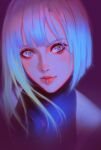  1girl anihelate blonde_hair blue_eyes blue_hair blurry bob_cut chromatic_aberration commentary cyberpunk_(series) cyberpunk_edgerunners highres lip_ring lucy_(cyberpunk) multicolored_hair portrait red_eyeliner sleeveless solo streaked_hair symbol-only_commentary two-tone_hair 