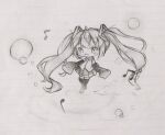  1girl aoi_(lgwa7reg7ystlpq) blush bubble chibi dancing detached_sleeves graphite_(medium) hatsune_miku headphones headset long_sleeves microphone monochrome music musical_note singing sketch solo thighhighs traditional_media twintails vocaloid 