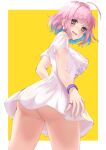  1girl ahoge aqua_eyes ass blush bone_print bracelet breasts earrings hair_intakes idolmaster idolmaster_cinderella_girls jewelry large_breasts looking_at_viewer looking_back multicolored_hair niu no_panties pill_earrings pink_eyes pink_hair shirt short_hair solo two-tone_background two-tone_hair white_shirt yumemi_riamu 