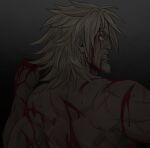  1boy angry aquiline_nose beard blonde_hair blood blood_on_face blood_on_hands clenched_teeth dark daxratchet facial_hair from_behind furious glowing glowing_eyes highres looking_at_viewer looking_back male_focus medium_hair muscular muscular_male nude solo spiked_hair teeth thorkell upper_body vinland_saga 