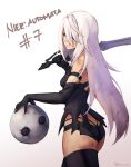  1girl android armlet ass bare_shoulders black_shorts blue_eyes elbow_gloves gloves highres joints long_hair mole mole_under_mouth nier:automata nier_(series) over_shoulder phrecklesart robot_joints short_shorts shorts solo sword sword_over_shoulder tank_top type-4o_sword weapon weapon_over_shoulder white_background white_hair yorha_type_a_no._2 