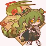  brown_cape cape chibi claws crocs crop_top double_bun dragon flygon gloves green_hair green_wings ground_miku_(project_voltage) hair_bun hand_on_own_hip hatsune_miku highres looking_at_viewer midriff msabrms orange_eyes pants pokemon project_voltage single_glove smile twintails vocaloid wings 
