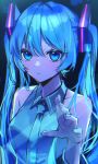  1girl black_background blue_background blue_eyes blue_hair blue_nails blue_necktie closed_mouth collared_shirt grey_shirt hatsune_miku long_hair looking_at_viewer multicolored_background necktie shirt sleeveless sleeveless_shirt solo soramame_pikuto twintails vocaloid wrist_cuffs 
