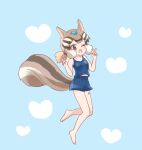  1girl animal_ears blue_background brown_eyes brown_hair chipmunk_ears chipmunk_girl chipmunk_tail extra_ears heart highres kemono_friends kemono_friends_v_project kuromitsu_(9633_kmfr) looking_at_viewer one_eye_closed ribbon short_hair siberian_chipmunk_(kemono_friends) simple_background smile solo swimsuit tail v virtual_youtuber 