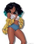  1girl absurdres afro black_hair blue_hair blue_shorts brown_eyes cellphone dark-skinned_female dark_skin erzomori hand_on_own_hip highres holding holding_phone jacket jacket_partially_removed kimberly_(street_fighter) midriff multicolored_hair off_shoulder phone short_shorts shorts streaked_hair street_fighter street_fighter_6 yellow_jacket 