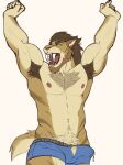  2023 abs anthro armpit_hair beard biceps blue_clothing blue_underwear bodily_fluids body_hair boxer_briefs boxer_briefs_only bulge catty_menace chest_hair clothed clothing dripping erection erection_under_clothing eyes_closed facial_hair fangs fist fur genital_fluids genital_outline genitals hi_res hybrid hyena male mammal manly multicolored_body multicolored_fur muscular navel nipples open_mouth pecs penis penis_outline precum precum_drip pubes sabertooth_(anatomy) simple_background solo stretching suid suina sus_(pig) teeth topless triceps two_tone_body two_tone_fur underwear underwear_only usurpthem vein veiny_penis waking_up white_background wild_boar yawn 