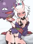  1girl alcohol bikini black_bikini blue_eyes blush breasts centinel303 cosplay drunk forehead freckles hair_bobbles hair_ornament highres horns japanese_clothes kimono koffing looking_at_viewer pokemon pokemon_(game) pokemon_bw2 purple_kimono roxie_(pokemon) saliva shuten_douji_(fate) shuten_douji_(fate)_(cosplay) small_breasts swimsuit topknot white_hair 