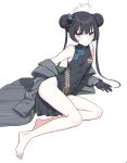  1girl barefoot black_dress black_gloves black_hair blue_archive blush breasts butterfly_hair_ornament china_dress chinese_clothes closed_mouth coat covered_navel double_bun dress full_body gloves grey_eyes hair_bun hair_ornament highres kisaki_(blue_archive) long_hair long_sleeves looking_at_viewer off_shoulder open_clothes open_coat simple_background sleeveless sleeveless_dress small_breasts solo twintails urrrt white_background 