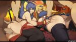  2boys 2girls ass ass_grab black_thighhighs blazblue blonde_hair blue_eyes blush bow breasts clothes_pull fingerless_gloves fucked_silly gloves grabbing_another&#039;s_ass groping group_sex hair_bow hair_ornament hetero large_breasts long_hair mai_natsume multiple_boys multiple_girls nipples noel_vermillion open_mouth orgy orphen_(pink_seito) pants pants_pull penis ponytail prone_bone red_gloves rolling_eyes sex sex_from_behind smile thighhighs uncensored vaginal yellow_bow 