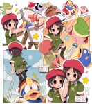  1girl 4boys adeleine afterimage age_comparison bendedede beret brown_eyes brown_hair bruise bruise_on_face canvas_(object) confused dragon_ball dragon_ball_z dual_persona fighting green_shirt grey_skirt hair_ornament hairclip hat highres holding holding_sword holding_weapon injury kine_(kirby) king_dedede kirby kirby&#039;s_dream_land_3 kirby_(series) kirby_64 multiple_boys paintbrush parody pitch_(kirby) red_headwear shirt short_hair skirt standing_on_another&#039;s_head surprised sword sword_kirby weapon 