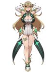  1girl armor arms_behind_head bare_shoulders blonde_hair breasts cleavage commission cowboy_shot donburi_(donburikazoku) dress gloves highres jewelry large_breasts lioght_blush long_hair looking_at_viewer mythra_(xenoblade) neon_trim short_dress sidelocks simple_background smile solo split_mouth standing swept_bangs thigh_gap thigh_strap thighs tiara very_long_hair white_background white_dress xenoblade_chronicles_(series) xenoblade_chronicles_2 yellow_eyes 