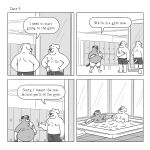  1:1 2023 anthro belly bottomwear canid canine canis clothing comic dialogue domestic_dog duo english_text hi_res hot_tub locker_room lukehealy male mammal moobs nipples overweight overweight_male shorts sitting text 