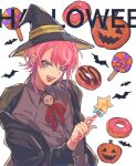  0721786 1boy :d alternate_costume amemura_ramuda blue_eyes candy commentary doughnut food halloween hat holding holding_wand hypnosis_mic jack-o&#039;-lantern lollipop long_sleeves neck_ribbon pink_hair red_ribbon ribbon short_hair sidelocks skull smile symbol-only_commentary wand white_background witch_hat 