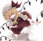  1girl blonde_hair crystal dress fingernails flandre_scarlet hair_over_one_eye hat highres looking_at_viewer mob_cap red_dress red_eyes sharp_fingernails simple_background solo totopepe888 touhou upturned_eyes white_background wings 