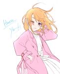  1girl blush brown_eyes character_name coat commentary_request dress floating_hair idolmaster idolmaster_cinderella_girls koichi_makoto long_hair looking_at_viewer one_eye_closed open_clothes open_coat open_mouth orange_hair pink_coat simple_background sketch solo white_background white_dress wind yuuki_haru 