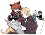  4boys animal_ears annoyed aosta_(arknights) arknights black_jacket black_shirt blonde_hair blue_shirt broca_(arknights) brown_suit chiave_(arknights) closed_eyes couch cropped_torso crossed_arms facepalm formal gauntlets glaring gloves goggles goggles_around_neck grey_gloves grey_jacket grey_shirt holding holding_newspaper horse_boy horse_ears horse_tail ieiieiiei jacket knee_up mlynar_(arknights) multiple_boys necktie newspaper parted_bangs pouch red_hair red_jacket scar scar_on_face shirt simple_background sitting sleeveless sleeveless_shirt suit swept_bangs tail upper_body white_background white_hair white_necktie wolf_boy wolf_ears yellow_eyes 