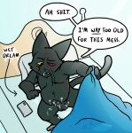  anthro balls bed bedding black_body black_fur blanket bodily_fluids cartoon_network cum cum_on_self domestic_cat erection felid feline felis fur furniture genital_fluids genitals hi_res kayadult male mammal mao_mao:_heroes_of_pure_heart mature_male nude penis shin_mao solo wet_dream 