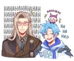  3boys blue_hair gavis_bettel glasses grey_hair highres holostars holostars_english jacket laughing long_hair multicolored_hair multiple_boys noir_vesper pink_hair pointy_ears purple_eyes regis_altare shirt short_hair smile virtual_youtuber white_background zeitaraart 