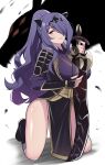  1girl absurdres alternate_costume alternate_hairstyle armor bangs between_breasts black_footwear breasts camilla_(fire_emblem) commission commissioner_upload dragon dress fire_emblem fire_emblem_fates fur_trim hair_ornament hair_over_one_eye highres holding holding_sword holding_weapon japanese_armor kneeling large_breasts lips long_hair looking_at_viewer mature_female namu_(112namu) no_panties non-web_source open_mouth parted_lips pelvic_curtain pixiv_commission ponytail purple_eyes purple_hair samurai simple_background smile solo sword teeth thighs tiara wavy_hair weapon 