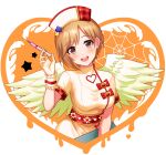  1girl :d aiba_yumi blonde_hair blush bow breasts brown_eyes clipboard dot_nose dress dress_bow fake_wings flower gloves hair_flower hair_ornament halloween hand_up hat heart holding holding_clipboard holding_syringe idolmaster idolmaster_cinderella_girls idolmaster_cinderella_girls_starlight_stage jack-o&#039;-lantern looking_at_viewer medium_breasts migaku1783 nurse nurse_cap open_mouth orange_background plaid plaid_bow plaid_headwear plaid_sleeves red_bow red_ribbon ribbon scrunchie short_hair short_sleeves silk smile solo spider_web star_(symbol) syringe teeth two-tone_headwear upper_teeth_only white_dress white_gloves white_scrunchie wings wrist_scrunchie 