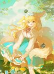  1girl absurdres animal_ear_fluff animal_ears aqua_hairband aqua_skirt arknights bag black_cat blonde_hair brown_bag cardigan cat chinese_commentary commentary_request cross-laced_clothes cross-laced_skirt cross-laced_slit crossover feet_out_of_frame fox_ears fox_girl fox_tail frilled_hairband frills green_eyes hair_ornament hair_scrunchie hairband heixiu high-waist_skirt highres kitsune kyuubi long_sleeves looking_at_viewer luo_xiaohei_zhanji multicolored_hair multiple_tails neck_ribbon official_alternate_costume open_cardigan open_clothes open_mouth outdoors puffy_long_sleeves puffy_sleeves red_ribbon ribbon scrunchie shayu_chi_zhi_cai shirt shoulder_bag skirt sleeve_cuffs smile solo spring_(season) standing suzuran_(arknights) suzuran_(spring_praise)_(arknights) tail teeth two-tone_hair white_hair white_shirt wreath yellow_cardigan 