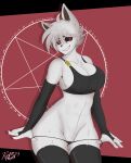  absurd_res arm_warmers armwear black_sclera bra clothed clothing demonkat demonkat_(psychflood) female fur hair hair_over_eyes hi_res legwear partially_clothed psychflood red_eyes solo spiky_hair thigh_highs thong underwear underwear_down white_body white_fur 