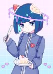  1girl blue_background blue_eyes blue_hair blunt_bangs blush bob_cut cake cake_slice chibikki closed_mouth colored_inner_hair commentary everything_is_cake_(meme) food food-themed_hair_ornament fruit gradient_background hair_ornament halo hand_up heart highres holding holding_knife holding_plate jacket knife long_sleeves looking_at_viewer meme multicolored_hair original pink_background pink_halo plate short_hair sleeves_past_wrists solo strawberry strawberry_hair_ornament track_jacket 