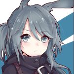  1girl animal_ears arknights belt black_jacket closed_mouth eyelashes frown grey_eyes grey_hair hair_between_eyes jacket light_blush long_hair looking_at_viewer one_side_up portrait rabbit_ears savage_(arknights) solo varinr 