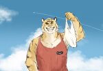  2023 aircraft airplane anthro brown_stripes clothing cloud colored countershade_face countershade_torso countershading eyes_closed felid fur hi_res male mammal morenatsu open_mouth open_smile overcast pantherine pink_nose red_clothing red_shirt red_tank_top red_topwear sharp_teeth shirt sky smile solo stripes tan_body tan_countershading tan_fur tank_top teeth tiger topwear torahiko_(morenatsu) toufu_dog yellow_body yellow_fur 