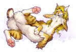  blonde_hair blue_eyes bobcat breasts chakamil chakat chest_tuft digital_media_(artwork) f-r95 featureless_breasts featureless_crotch felid felid_taur feline female fondling fur hair hi_res looking_at_viewer lying lynx mammal mammal_taur nude on_back pawpads paws self_fondle shorttail simple_background solo spread_legs spreading taur tuft 