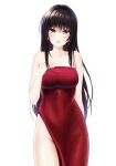  1girl bare_shoulders black_hair breasts brown_eyes cleavage collarbone commentary_request dress hand_on_own_chest kotegawa_yui large_breasts long_hair looking_at_viewer realman red_dress simple_background solo standing to_love-ru white_background 