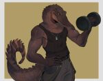  aetius_(character) anthro bluekiwi101 bottomwear brown_body brown_scales clothed clothing crocodilian dumbbell exercise front_view fully_clothed hi_res jewelry male muscular muscular_anthro muscular_male necklace pants red_eyes reptile scales scalie shirt solo standing tail tank_top topwear weightlifting weights workout 