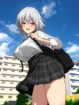  1girl absurdres anime_coloring apartment backpack bag blush breasts clip_studio_paint_(medium) collared_shirt day grey_eyes grey_hair highres intensify_0 large_breasts long_sleeves looking_at_viewer medium_hair open_mouth original outdoors shirt shirt_tucked_in skirt smile solo sweat thighs white_shirt 